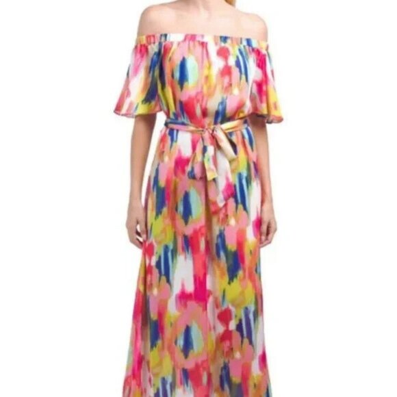 Trina Turk Dresses & Skirts - !NWT Trina Turk San Onofre Off The Shoulder Vibrant Painted Maxi Dress Size S